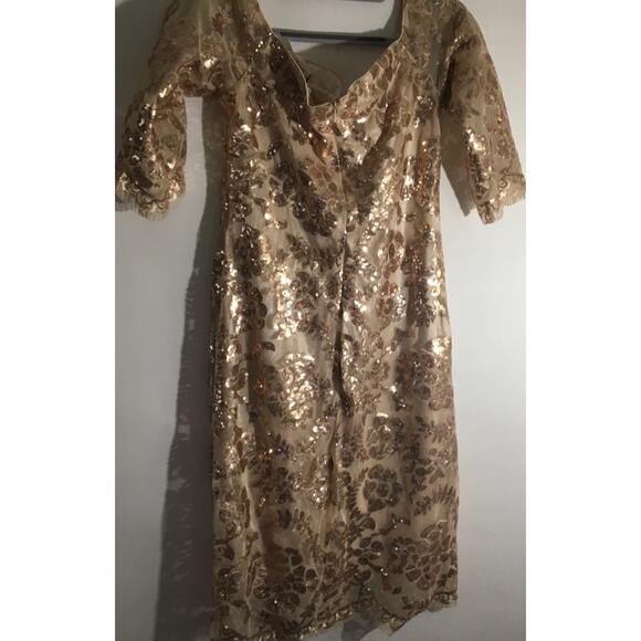 Neiman Marcus Women's Size Medium Beige Floral Sequin Square Neck Evening Dress - Picture 5 of 6